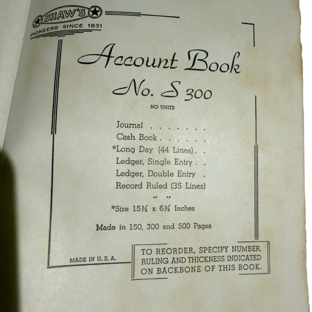 Vintage Shaws No S 300 Day Book Account Ledger 500 Page Long Format USA‎ Office